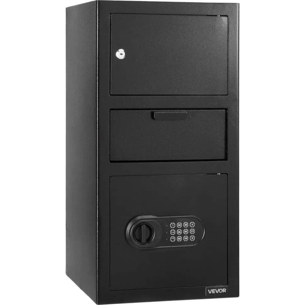 VEVOR 3.6 Cubic Feet Drop Safe, Large Capacity Front Drop Slot Safe Box with Digital Keypad, Heavy Duty 3 Tiers Cash Depository Box with Spare Keys for Cash, Bank Slip, Jewelry, Document, Bill, Black