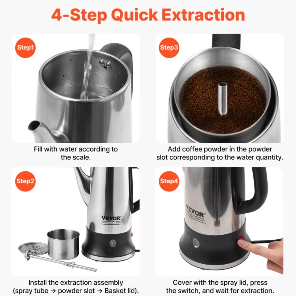 VEVOR 12-Cup Electric Percolator Coffee Pot, 304 Stainless Steel Coffee Percolator with Keep Warm Function & Heat-Resistant Handle, Classic Coffee Maker, Quick Brew & Easy-Pour Spout, Silver