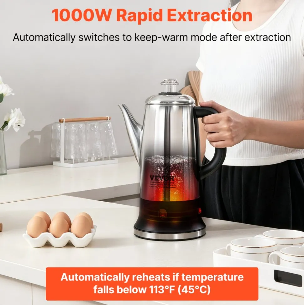 VEVOR 12-Cup Electric Percolator Coffee Pot, 304 Stainless Steel Coffee Percolator with Keep Warm Function & Heat-Resistant Handle, Classic Coffee Maker, Quick Brew & Easy-Pour Spout, Silver