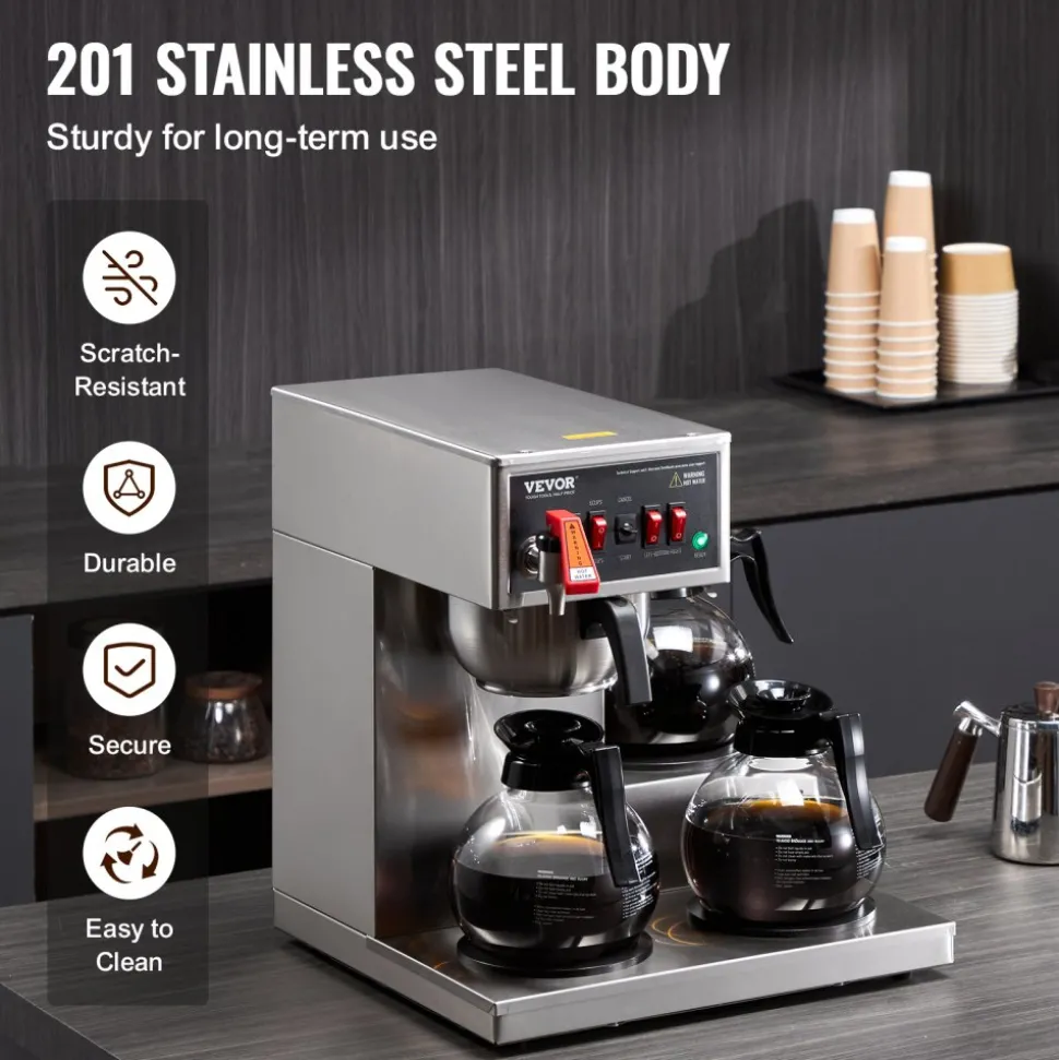 VEVOR 12 Cups Commercial Drip Coffee Maker, Coffee Maker Machine with 3 Glass Carafes and 3 Warmer Plates, Stainless Steel Pour Over Coffee Brewer for Restaurant, Office, Cafe