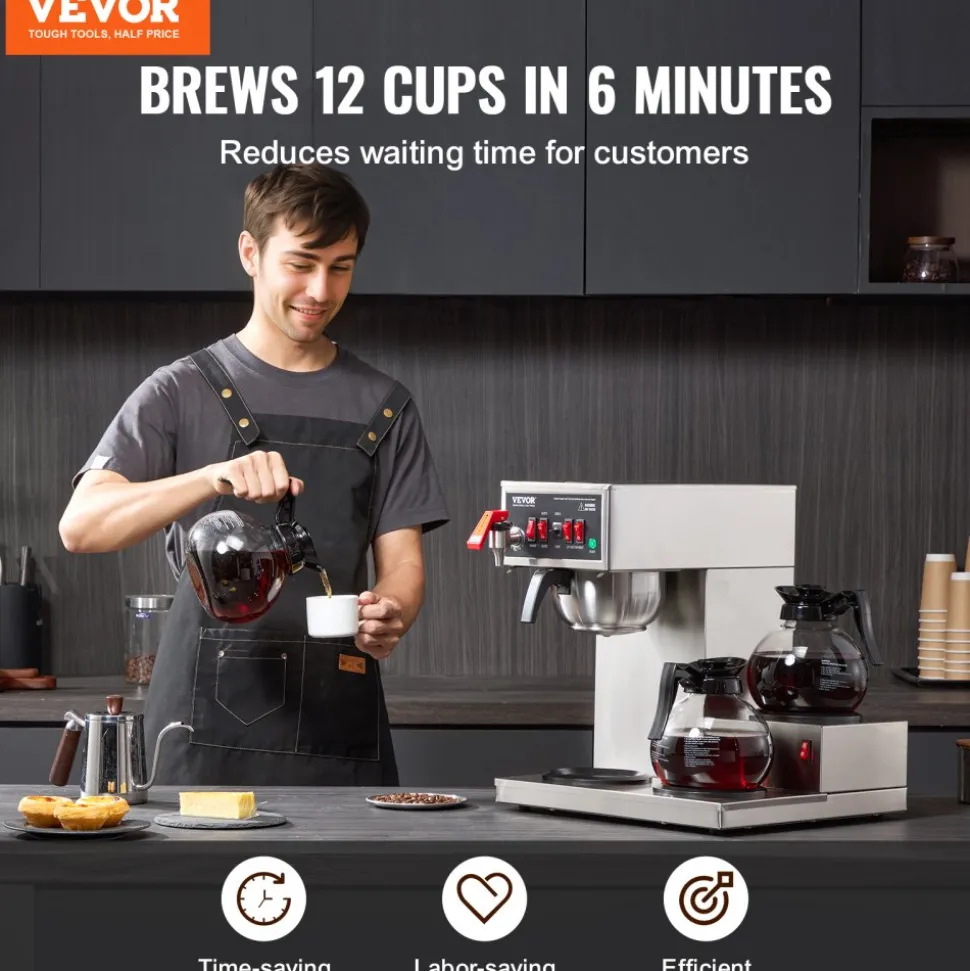 VEVOR 12 Cups Commercial Drip Coffee Maker, Coffee Maker Machine with 3 Glass Carafes and 3 Warmer Plates, Stainless Steel Pour Over Coffee Brewer for Restaurant, Office, Cafe