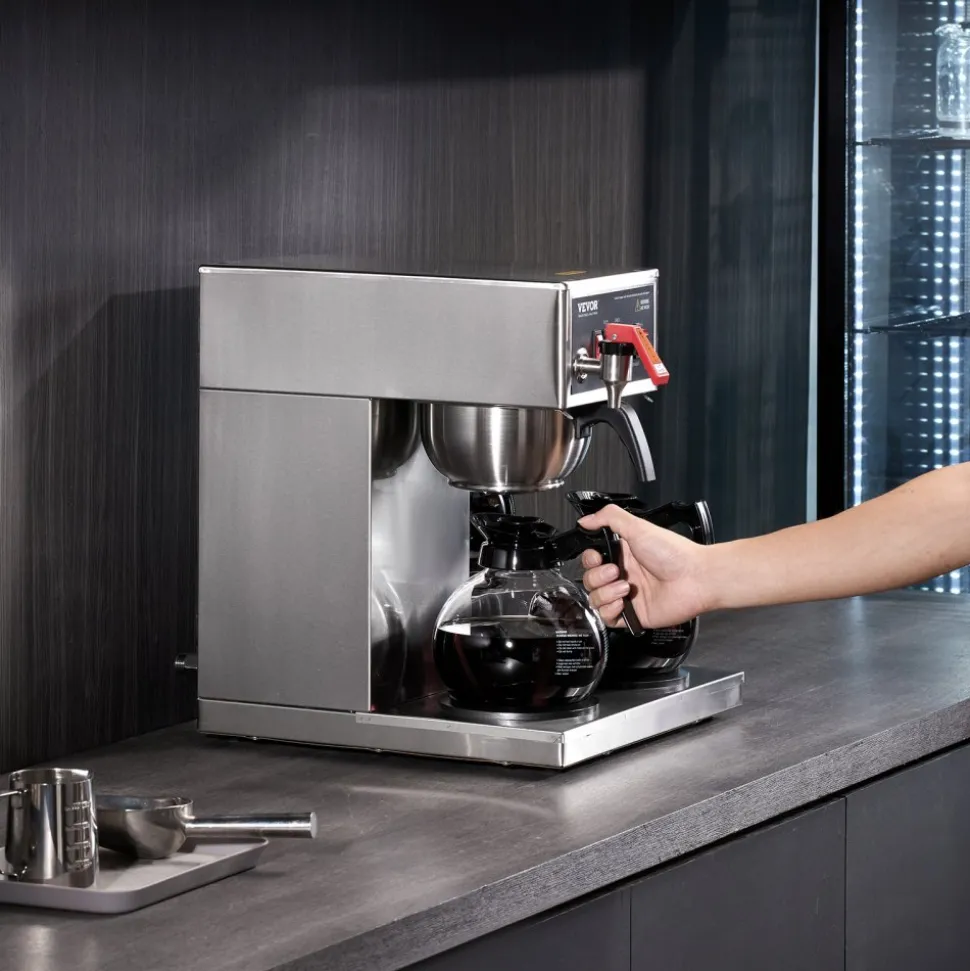 VEVOR 12 Cups Commercial Drip Coffee Maker, Coffee Maker Machine with 3 Glass Carafes and 3 Warmer Plates, Stainless Steel Pour Over Coffee Brewer for Restaurant, Office, Cafe