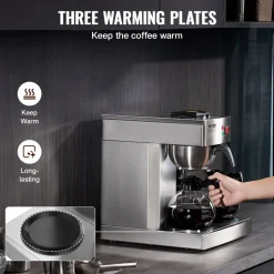 VEVOR 12 Cups Commercial Drip Coffee Maker, Coffee Maker Machine with 3 Glass Carafes and 3 Warmer Plates, Stainless Steel Pour Over Coffee Brewer with Auto Water Intake, for Restaurant Office Cafe