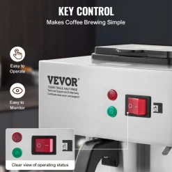 VEVOR 12 Cups Commercial Drip Coffee Maker, Coffee Maker Machine with 3 Glass Carafes and 3 Warmer Plates, Stainless Steel Pour Over Coffee Brewer with Auto Water Intake, for Restaurant Office Cafe