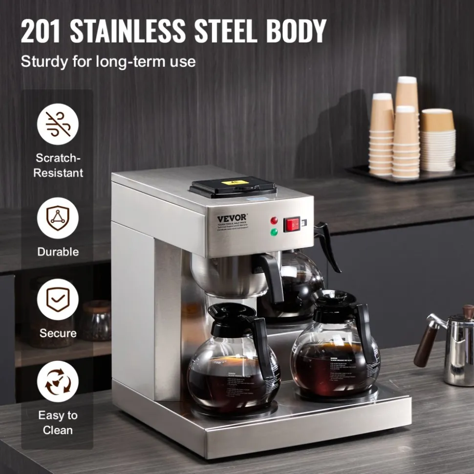 VEVOR 12 Cups Commercial Drip Coffee Maker, Coffee Maker Machine with 3 Glass Carafes and 3 Warmer Plates, Stainless Steel Pour Over Coffee Brewer with Auto Water Intake, for Restaurant Office Cafe
