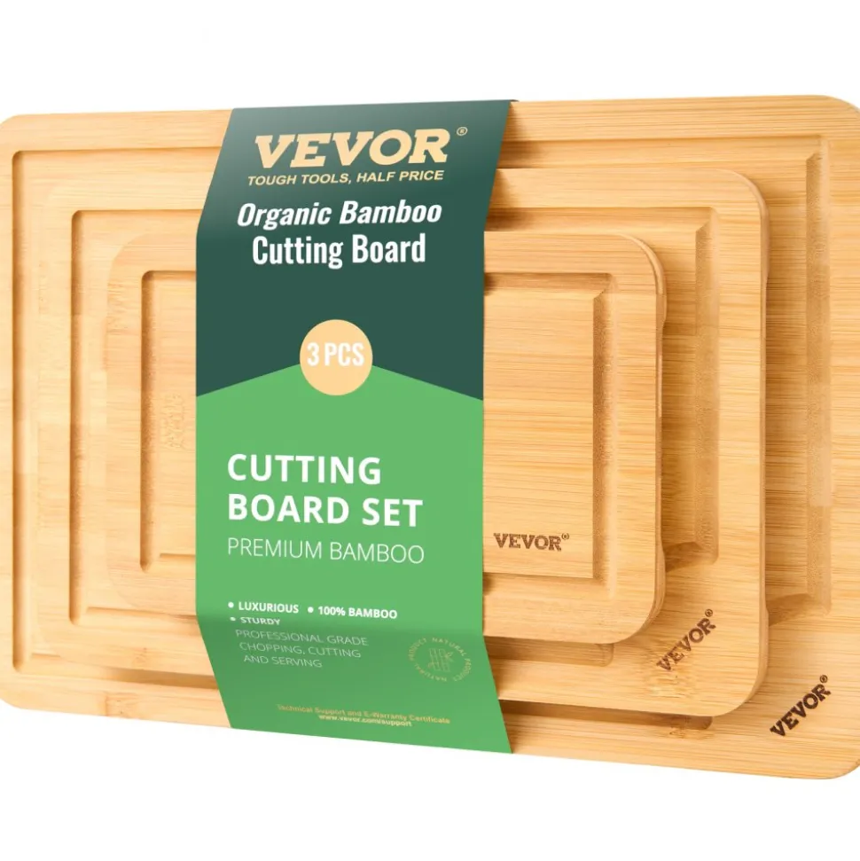 VEVOR Cutting Board, 3 Pieces, Premium Versatile Bamboo Cutting Board with Food-Grade Oil and Juice Groove,Sturdy & Durable Chopping Board with Built-in Handle, Fit for Display, Chopping & Serving