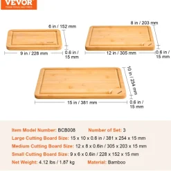 VEVOR Cutting Board, 3 Pieces, Premium Versatile Bamboo Cutting Board with Food-Grade Oil and Juice Groove,Sturdy & Durable Chopping Board with Built-in Handle, Fit for Display, Chopping & Serving