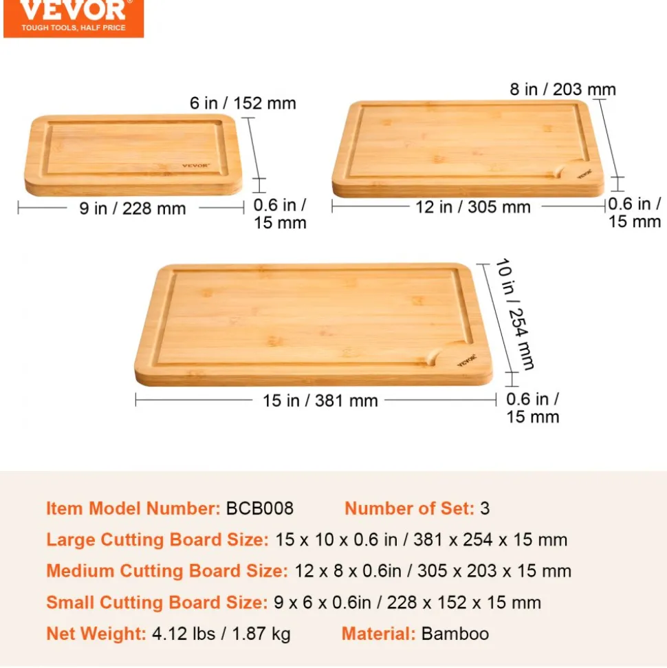 VEVOR Cutting Board, 3 Pieces, Premium Versatile Bamboo Cutting Board with Food-Grade Oil and Juice Groove,Sturdy & Durable Chopping Board with Built-in Handle, Fit for Display, Chopping & Serving