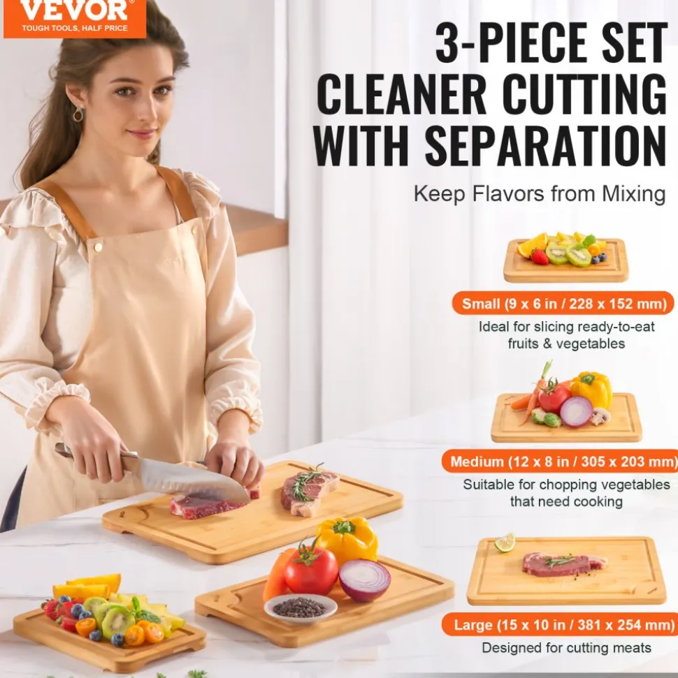 VEVOR Cutting Board, 3 Pieces, Premium Versatile Bamboo Cutting Board with Food-Grade Oil and Juice Groove,Sturdy & Durable Chopping Board with Built-in Handle, Fit for Display, Chopping & Serving
