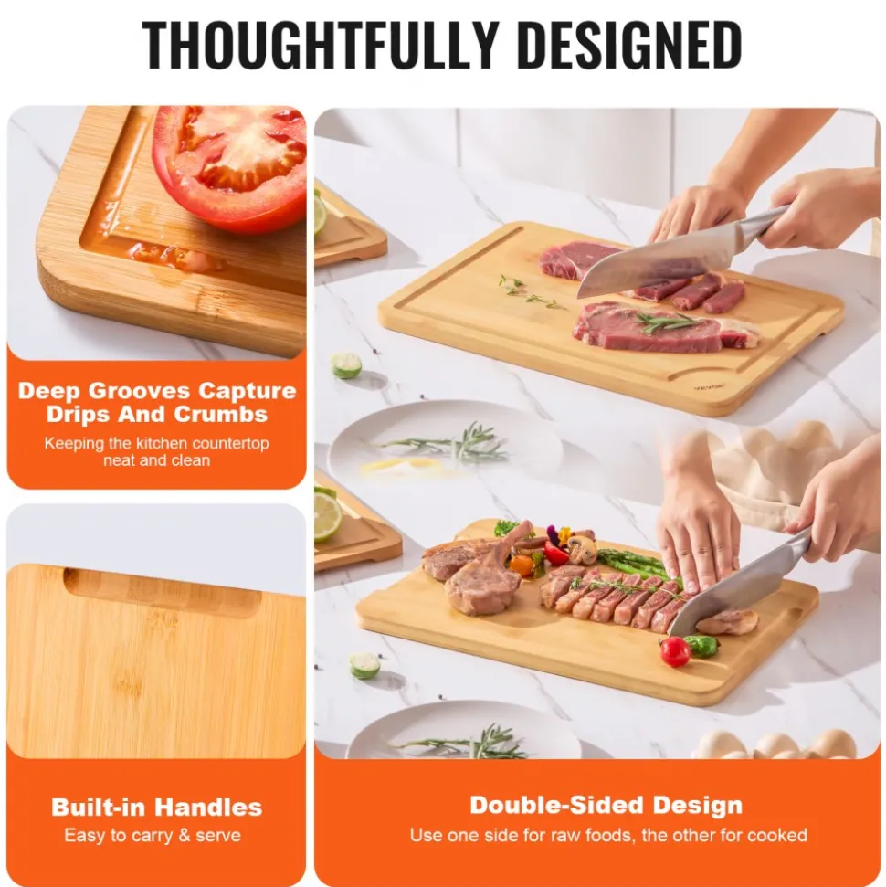 VEVOR Cutting Board, 3 Pieces, Premium Versatile Bamboo Cutting Board with Food-Grade Oil and Juice Groove,Sturdy & Durable Chopping Board with Built-in Handle, Fit for Display, Chopping & Serving