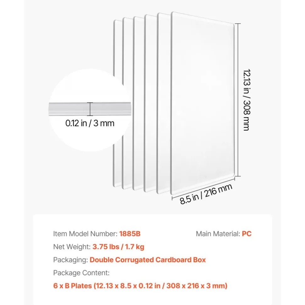 VEVOR Cutting Plates, 6 Pcs, 12.13 x 8.5 x 0.12 in, Clear Polycarbonate Material, Die Cut Pads Compatible with VEVOR Die Cutting and Embossing Machine KM-1885, for Scrapbooking and Card Making