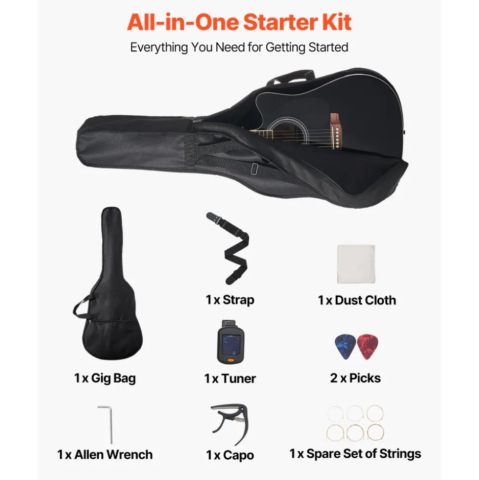 VEVOR Cutway Acoustic Guitar, 41 in, 6-String Black Solid Spruce Top Guitar, Beginner Bundle with Gig Bag, Tuner, Strap, Strings, Picks, Capo, Rosewood Fingerboard, for Adult Fingerstyle Solo Jazz