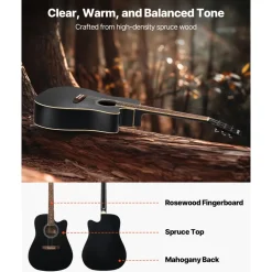 VEVOR Cutway Acoustic Guitar, 41 in, 6-String Black Solid Spruce Top Guitar, Beginner Bundle with Gig Bag, Tuner, Strap, Strings, Picks, Capo, Rosewood Fingerboard, for Adult Fingerstyle Solo Jazz