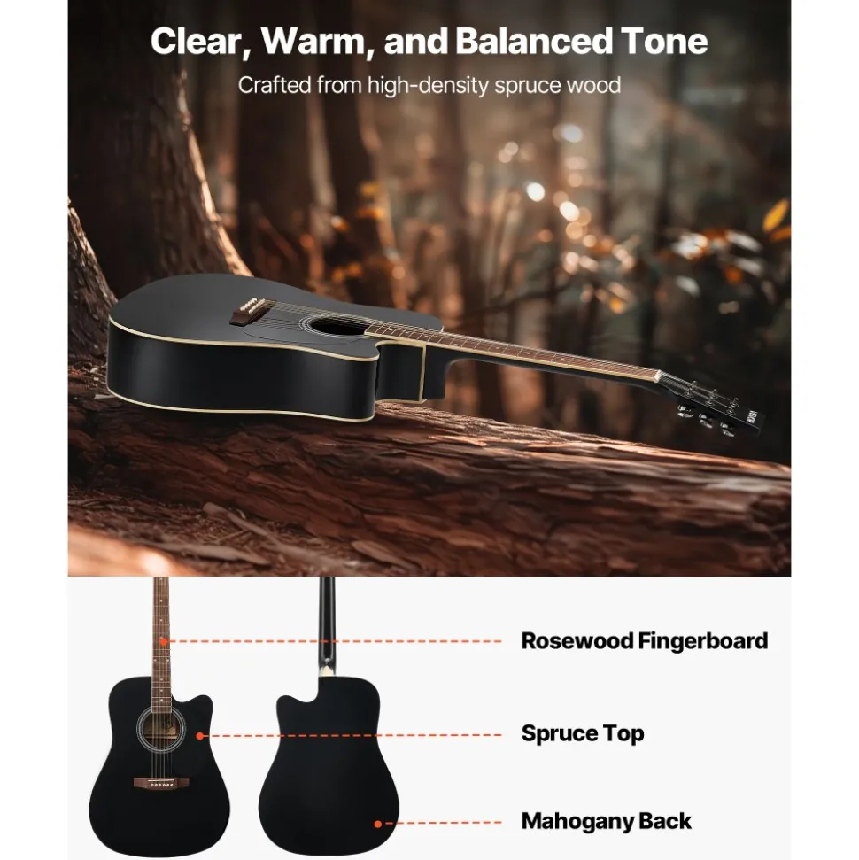 VEVOR Cutway Acoustic Guitar, 41 in, 6-String Black Solid Spruce Top Guitar, Beginner Bundle with Gig Bag, Tuner, Strap, Strings, Picks, Capo, Rosewood Fingerboard, for Adult Fingerstyle Solo Jazz