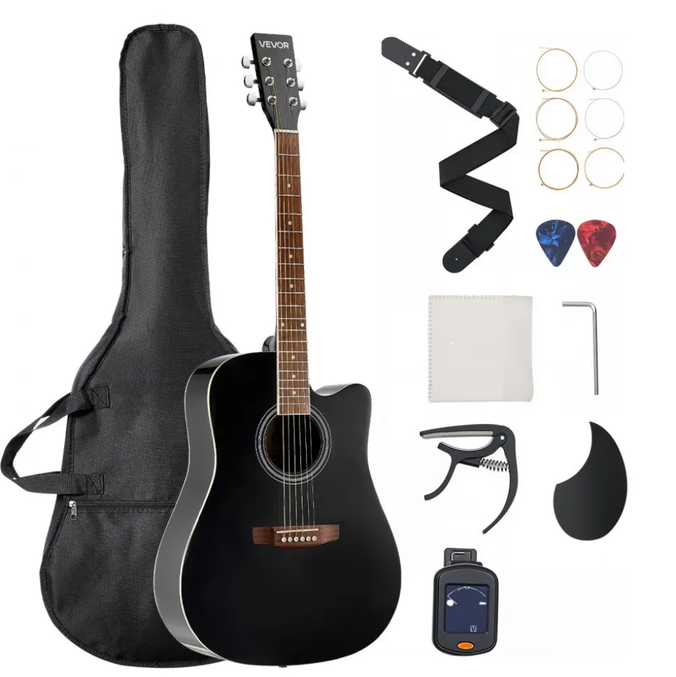 VEVOR Cutway Acoustic Guitar, 41 in, 6-String Black Solid Spruce Top Guitar, Beginner Bundle with Gig Bag, Tuner, Strap, Strings, Picks, Capo, Rosewood Fingerboard, for Adult Fingerstyle Solo Jazz