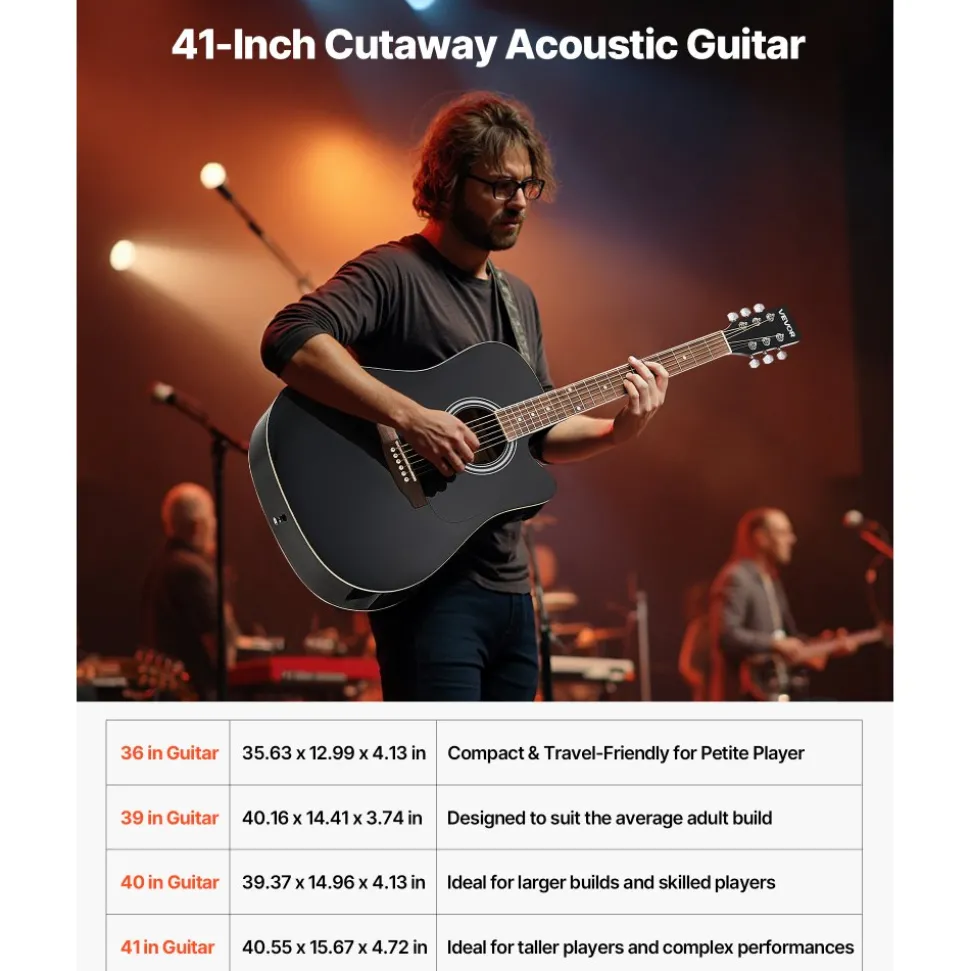 VEVOR Cutway Acoustic Guitar, 41 in, 6-String Black Solid Spruce Top Guitar, Beginner Bundle with Gig Bag, Tuner, Strap, Strings, Picks, Capo, Rosewood Fingerboard, for Adult Fingerstyle Solo Jazz