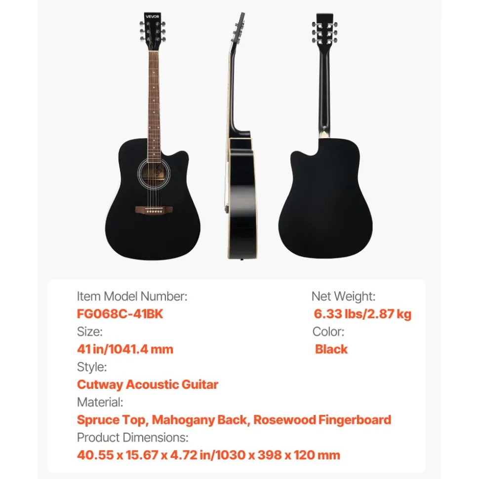 VEVOR Cutway Acoustic Guitar, 41 in, 6-String Black Solid Spruce Top Guitar, Beginner Bundle with Gig Bag, Tuner, Strap, Strings, Picks, Capo, Rosewood Fingerboard, for Adult Fingerstyle Solo Jazz