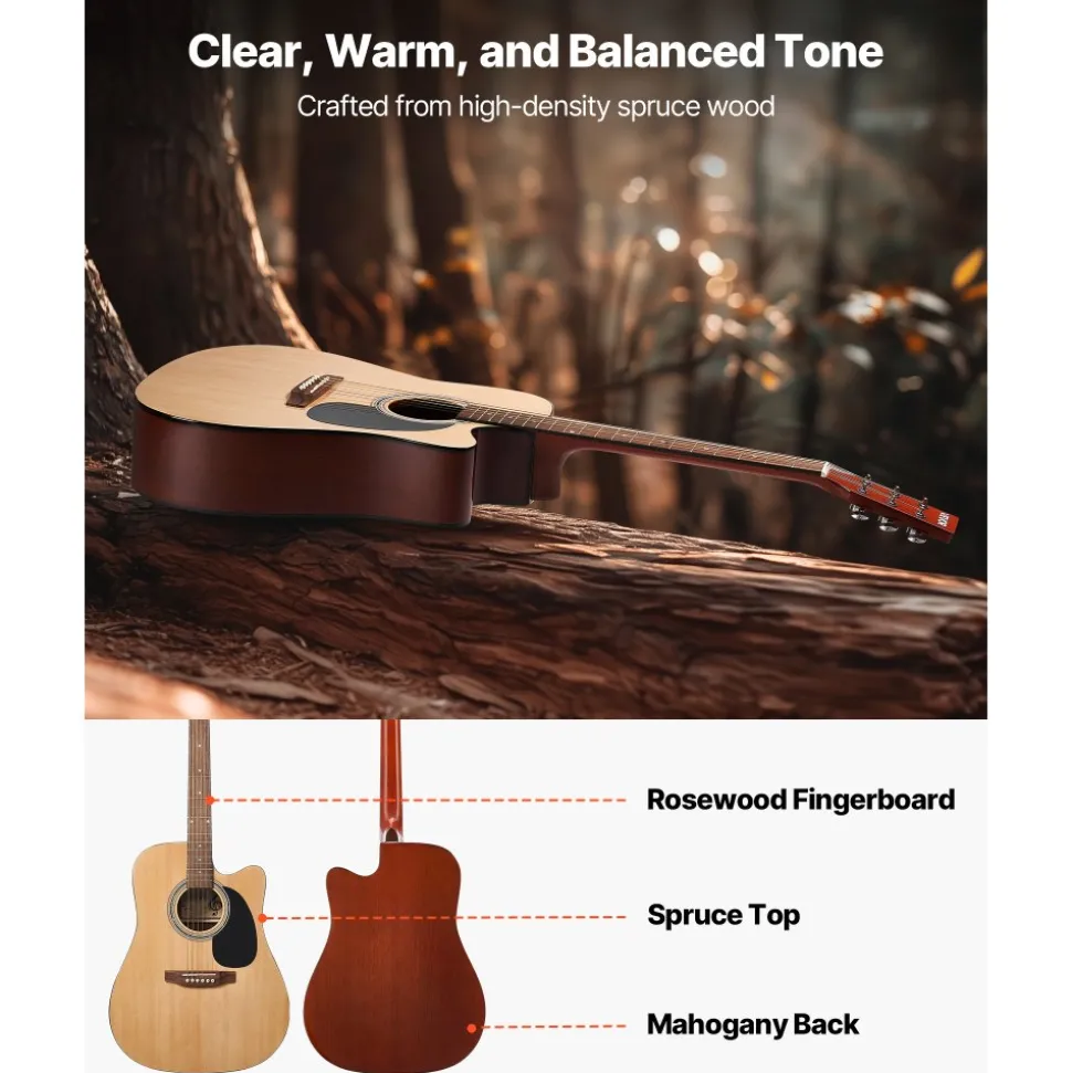 VEVOR Cutway Acoustic Guitar, 41 in, 6-String, Natural Solid Spruce Top Guitar, Beginner Bundle with Gig Bag, Tuner, Strap, Steel Strings, Picks, Capo, Rosewood Fingerboard, for Fingerstyle Solo Jazz