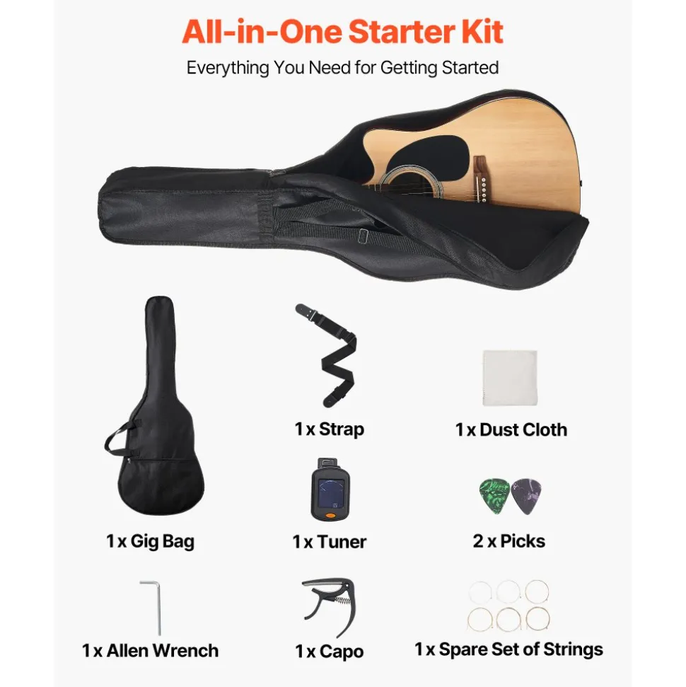 VEVOR Cutway Acoustic Guitar, 41 in, 6-String, Natural Solid Spruce Top Guitar, Beginner Bundle with Gig Bag, Tuner, Strap, Steel Strings, Picks, Capo, Rosewood Fingerboard, for Fingerstyle Solo Jazz