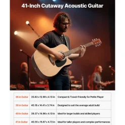 VEVOR Cutway Acoustic Guitar, 41 in, 6-String, Natural Solid Spruce Top Guitar, Beginner Bundle with Gig Bag, Tuner, Strap, Steel Strings, Picks, Capo, Rosewood Fingerboard, for Fingerstyle Solo Jazz
