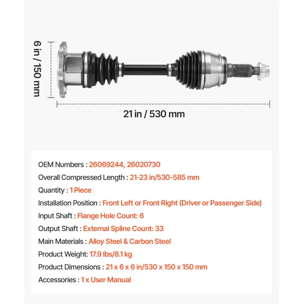 VEVOR CV Axle Shaft Assembly, Front Left or Right Side (Driver or Passenger Side), Automotive Replacement CV Joint Axle Compatible with 1999-2006 Chevrolet Silverado 1500, Alloy Steel & Carbon Steel