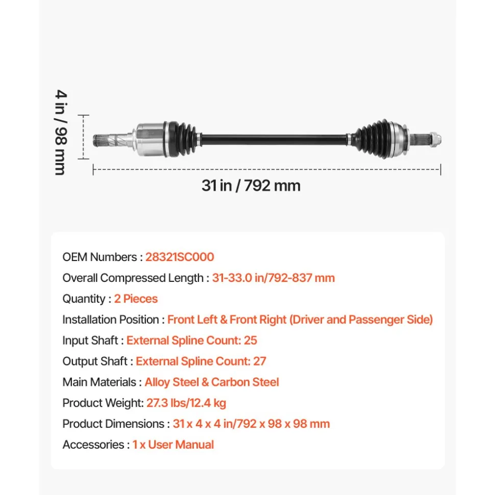 VEVOR CV Axle Shaft Assembly, 2 Pieces Front Left & Right (Driver and Passenger Side), Automotive Replacement Joint Axles Pair Compatible with 2009-2017 Chevrolet Traverse, Alloy Steel & Carbon Steel