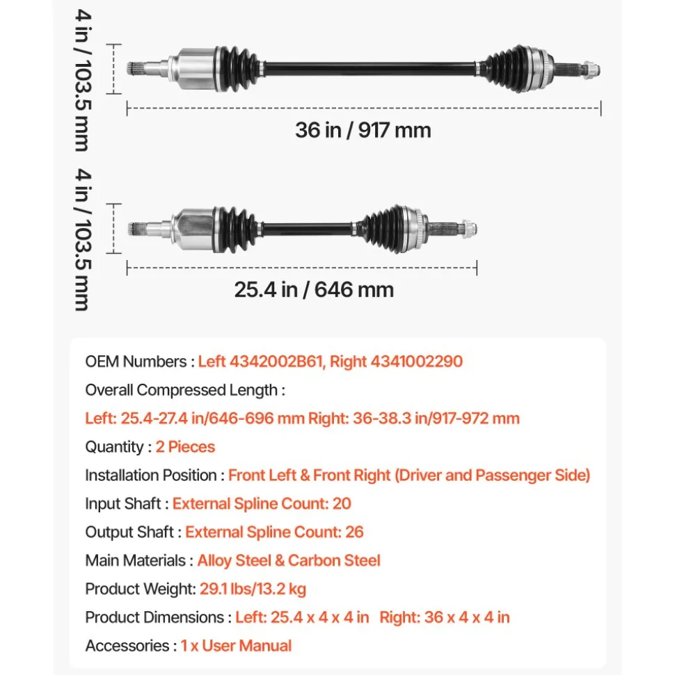 VEVOR CV Axle Shaft Assembly, 2 Pieces Front Left & Right (Driver and Passenger Side), Automotive Replacement Joint Axles Pair Compatible with 2010-2017 Chevrolet Equinox, Alloy Steel & Carbon Steel