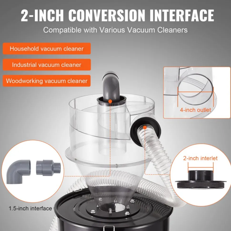 VEVOR Cyclone Dust Separator with Metal Tank, 4" Retrofit Cyclone Separator for Dust Collectors, ABS Dust Deputy With 2" Hole O.D. Connector & Hose for Wet/Dry Shop Vacuums, Fits 13.21 Gallon Tank