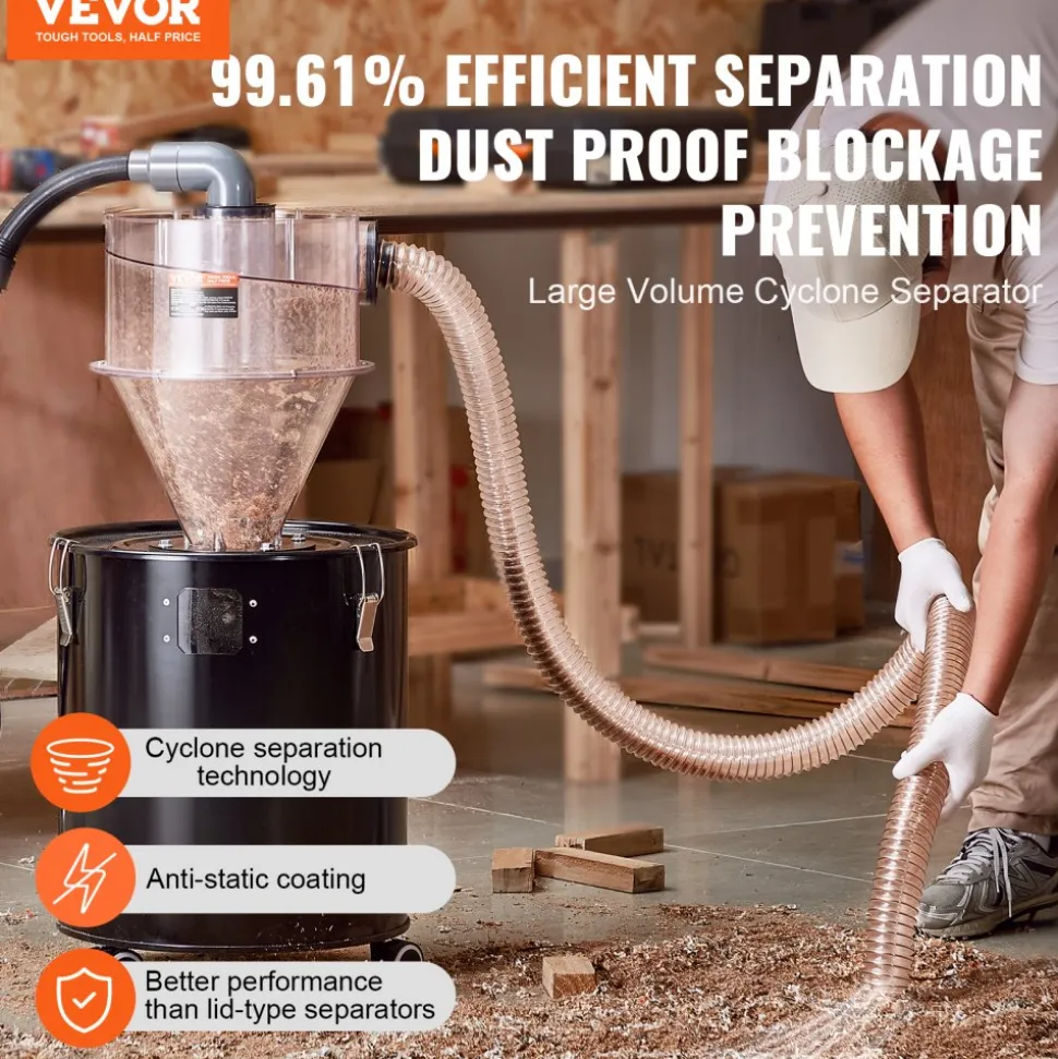 VEVOR Cyclone Dust Separator with Metal Tank, 4" Retrofit Cyclone Separator for Dust Collectors, ABS Dust Deputy With 2" Hole O.D. Connector & Hose for Wet/Dry Shop Vacuums, Fits 13.21 Gallon Tank