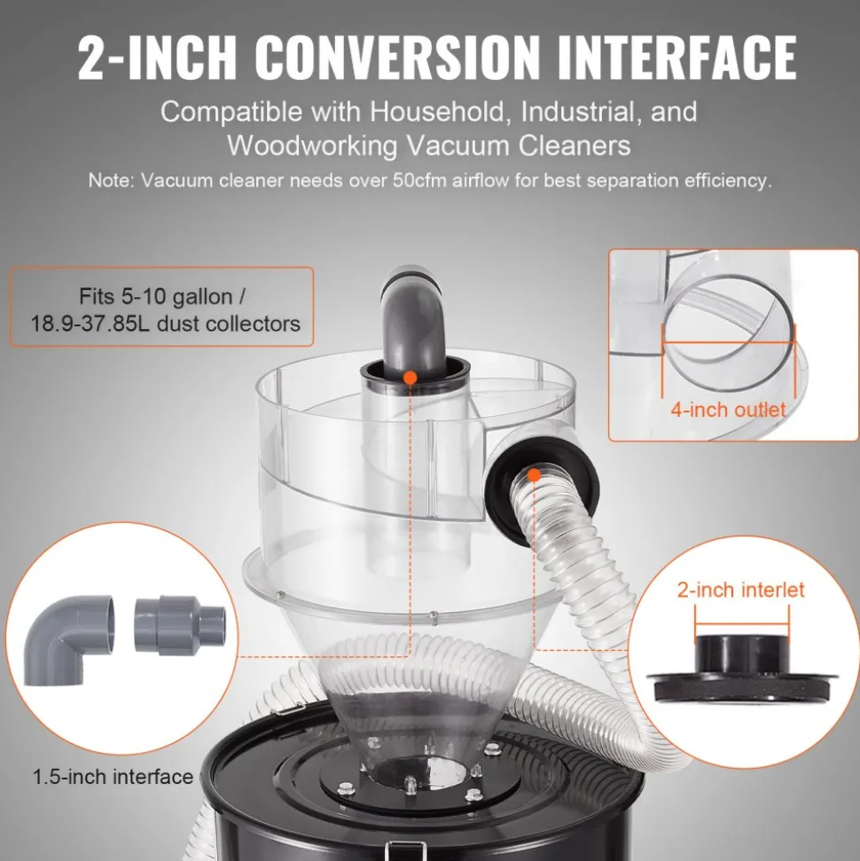 VEVOR Cyclone Dust Separator, 4" Retrofit Cyclone Separator for Dust Collectors, ABS Dust Deputy With 2" Hole O.D. Connector & Hose for Wet/Dry Shop Vacuums, Fits 5-10 Gallon Tank (Tank Exclude)