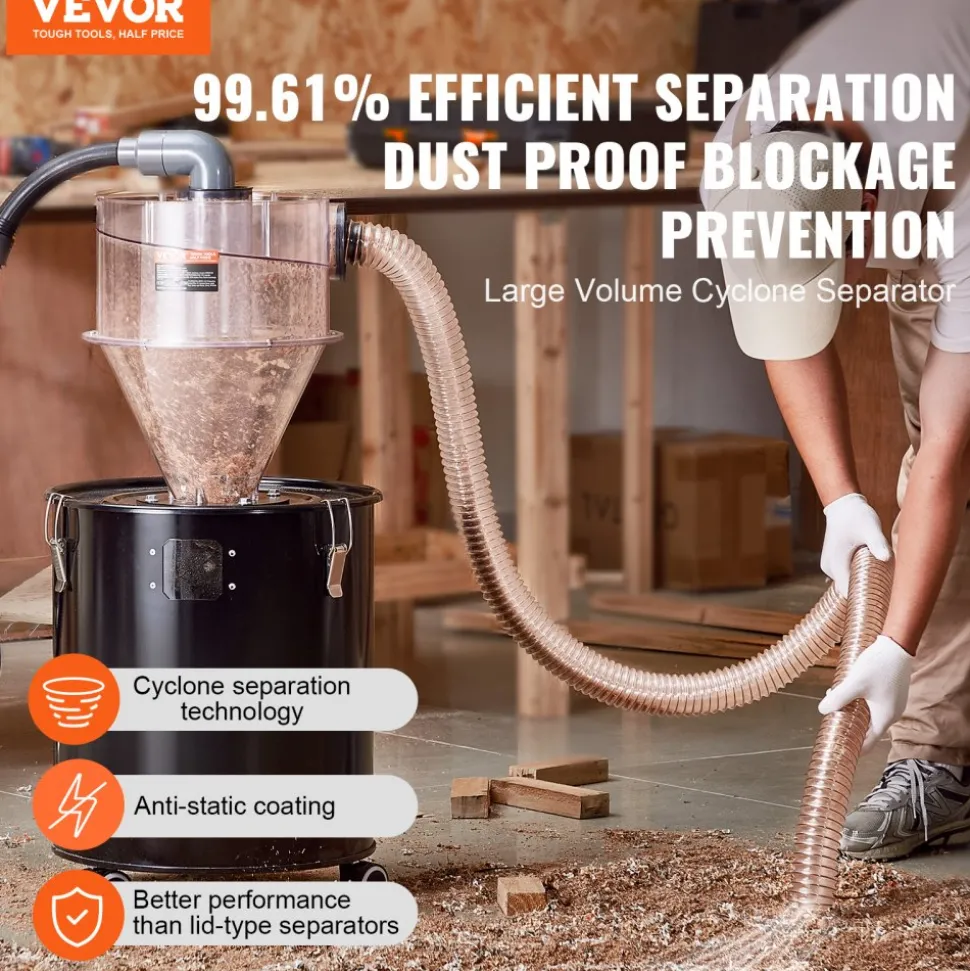 VEVOR Cyclone Dust Separator, 4" Retrofit Cyclone Separator for Dust Collectors, ABS Dust Deputy With 2" Hole O.D. Connector & Hose for Wet/Dry Shop Vacuums, Fits 5-10 Gallon Tank (Tank Exclude)