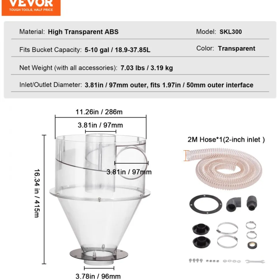 VEVOR Cyclone Dust Separator, 4" Retrofit Cyclone Separator for Dust Collectors, ABS Dust Deputy With 2" Hole O.D. Connector & Hose for Wet/Dry Shop Vacuums, Fits 5-10 Gallon Tank (Tank Exclude)