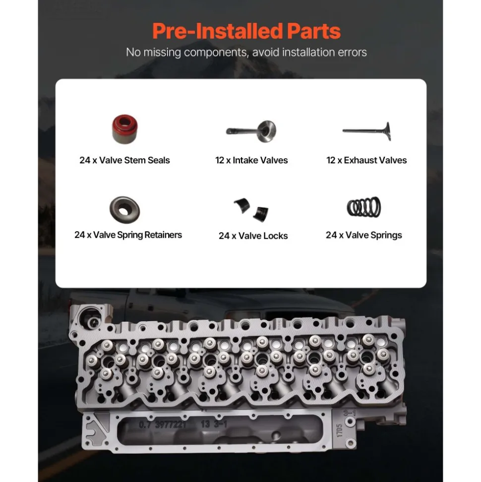 VEVOR Cylinder Head Assembly, 6.7L Replacement for 2007-2018 Dodge Cummins 6.7L, Compatible with Dodge Ram 2500 3500 4500 Models, Complete Engine Cylinder Head Assembly Replaces 3977221, Cast Iron