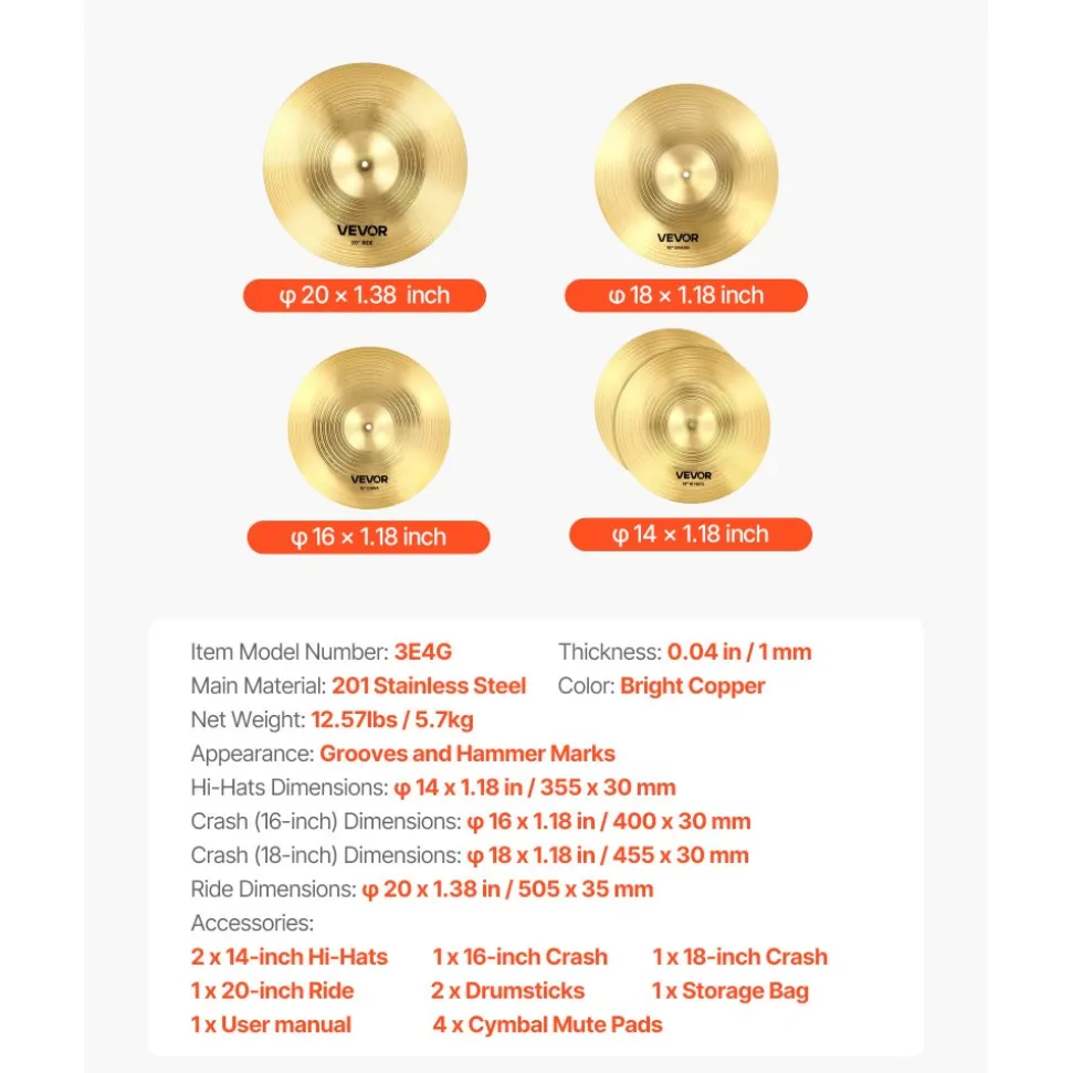 VEVOR Cymbal Pack, 4 Pieces Cymbals for Drum Set, Alloy Cymbals Drum Set Includes 14-inch Hi-Hats, 16-inch Crash, 18-inch Crash, 20-inch Ride, Drumsticks & Cymbal Bag, Alloy Cymbal Pack for Drummer