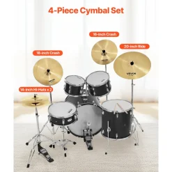VEVOR Cymbal Pack, 4 Pieces Cymbals for Drum Set, Alloy Cymbals Drum Set Includes 14-inch Hi-Hats, 16-inch Crash, 18-inch Crash, 20-inch Ride, Drumsticks & Cymbal Bag, Alloy Cymbal Pack for Drummer