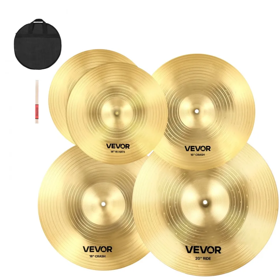 VEVOR Cymbal Pack, 4 Pieces Cymbals for Drum Set, Alloy Cymbals Drum Set Includes 14-inch Hi-Hats, 16-inch Crash, 18-inch Crash, 20-inch Ride, Drumsticks & Cymbal Bag, Alloy Cymbal Pack for Drummer