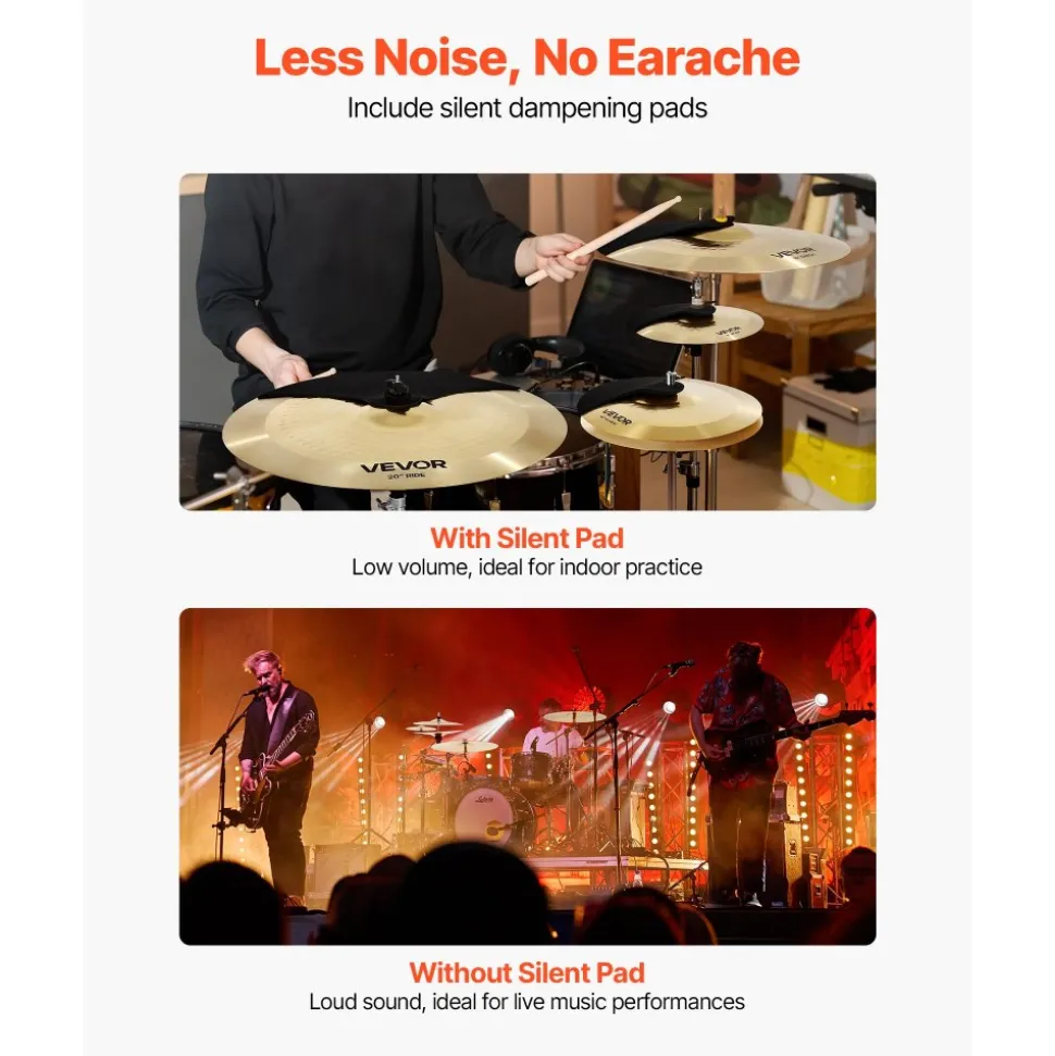 VEVOR Cymbal Pack, 4 Pieces Cymbals for Drum Set, Alloy Cymbals Drum Set Includes 14-inch Hi-Hats, 16-inch Crash, 20-inch Ride, 10-inch Splash, Drumsticks & Cymbal Bag, Alloy Cymbal Pack for Drummer