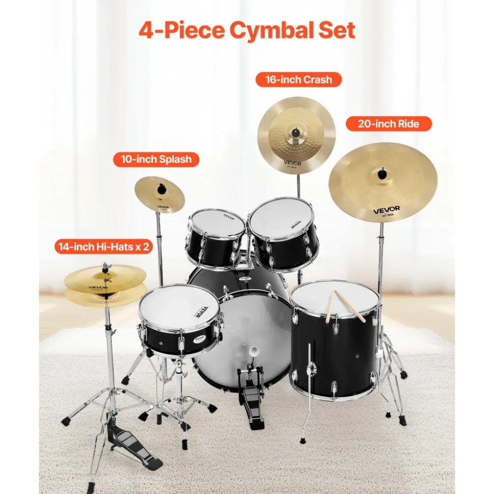 VEVOR Cymbal Pack, 4 Pieces Cymbals for Drum Set, Alloy Cymbals Drum Set Includes 14-inch Hi-Hats, 16-inch Crash, 20-inch Ride, 10-inch Splash, Drumsticks & Cymbal Bag, Alloy Cymbal Pack for Drummer