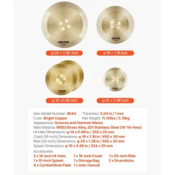VEVOR Cymbal Pack, 4 Pieces Cymbals for Drum Set, Alloy Cymbals Drum Set Includes 14-inch Hi-Hats, 16-inch Crash, 20-inch Ride, 10-inch Splash, Drumsticks & Cymbal Bag, Alloy Cymbal Pack for Drummer