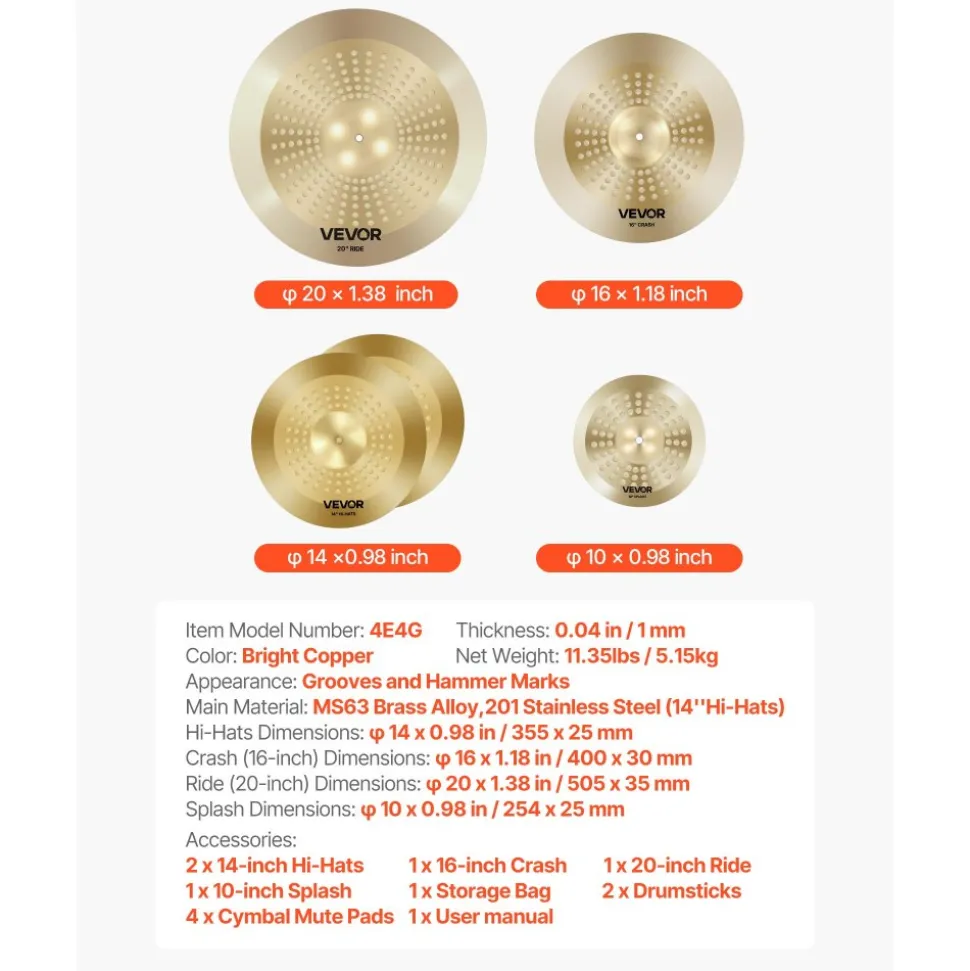VEVOR Cymbal Pack, 4 Pieces Cymbals for Drum Set, Alloy Cymbals Drum Set Includes 14-inch Hi-Hats, 16-inch Crash, 20-inch Ride, 10-inch Splash, Drumsticks & Cymbal Bag, Alloy Cymbal Pack for Drummer