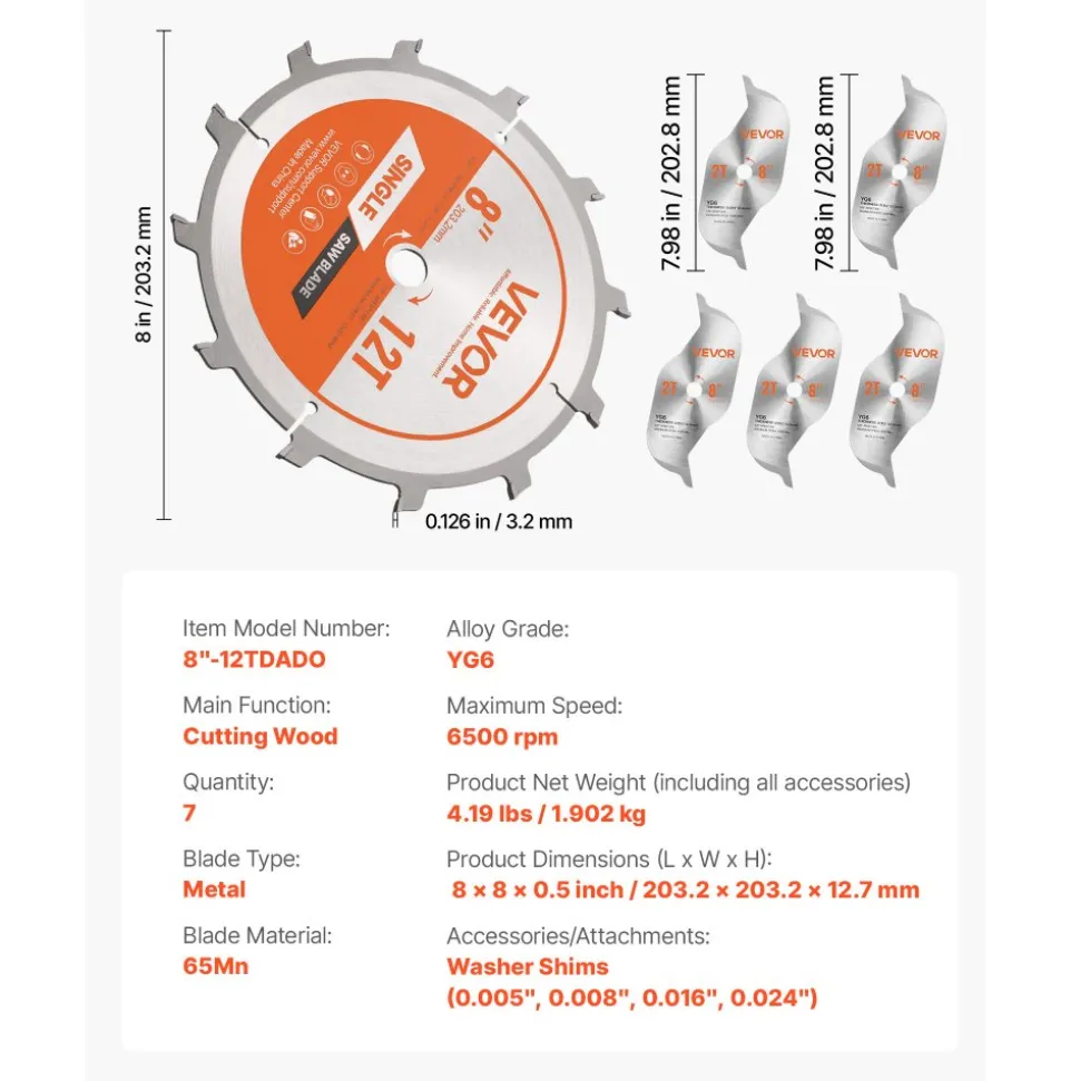 VEVOR Dado Blade Set, 8 inch Diameter, 12 Sharp Alloy Teeth, 5/8 inch Arbor, Fine Finish, Stacking Dado Blades with Chippers and Shims, Noise-Reducing Heat Vents, for Cutting Plywood, OSB, Hardwood