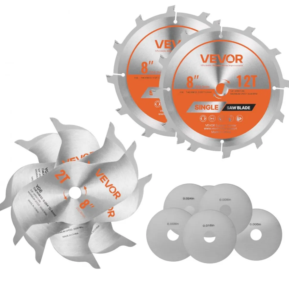 VEVOR Dado Blade Set, 8 inch Diameter, 12 Sharp Alloy Teeth, 5/8 inch Arbor, Fine Finish, Stacking Dado Blades with Chippers and Shims, Noise-Reducing Heat Vents, for Cutting Plywood, OSB, Hardwood