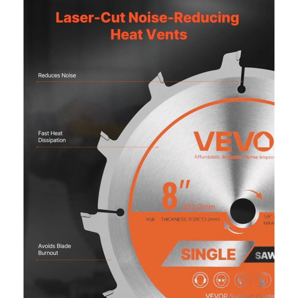 VEVOR Dado Blade Set, 8 inch Diameter, 12 Sharp Alloy Teeth, 5/8 inch Arbor, Fine Finish, Stacking Dado Blades with Chippers and Shims, Noise-Reducing Heat Vents, for Cutting Plywood, OSB, Hardwood