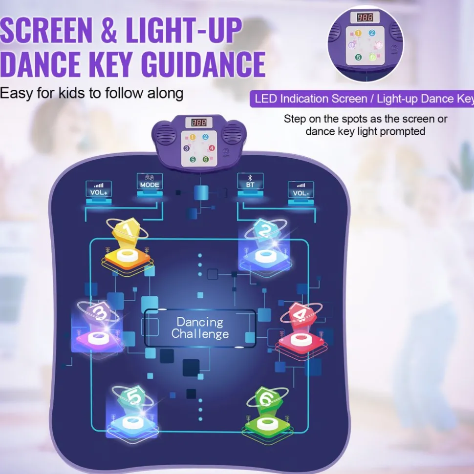 VEVOR Dance Mat, 6-Button Dance Mixer Rhythm Step Play Mat, Electronic Dance Pad with Wireless Bluetooth, LED Lights, 5 Game Modes, Adjustable Volume, Built-in Music, Toys Gifts for 3+ Year Old Girls