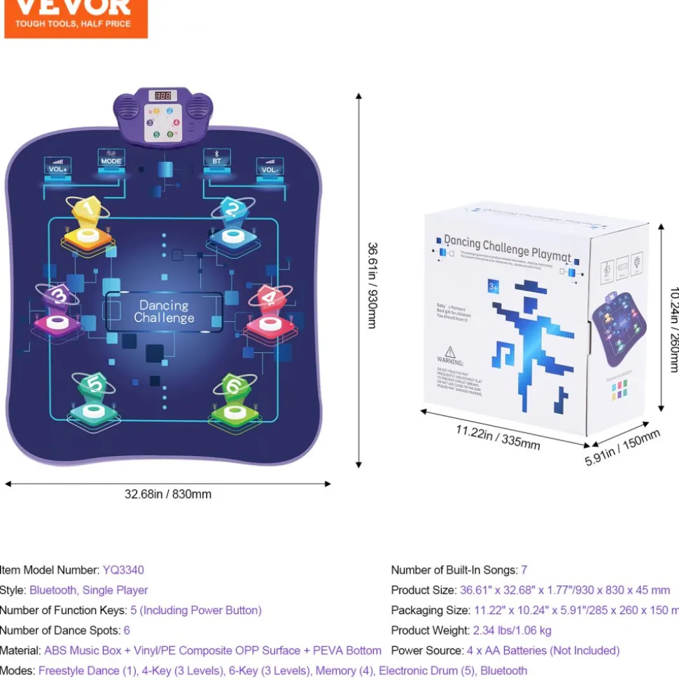 VEVOR Dance Mat, 6-Button Dance Mixer Rhythm Step Play Mat, Electronic Dance Pad with Wireless Bluetooth, LED Lights, 5 Game Modes, Adjustable Volume, Built-in Music, Toys Gifts for 3+ Year Old Girls