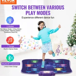 VEVOR Dance Mat, 6-Button Dance Mixer Rhythm Step Play Mat, Electronic Dance Pad with Wireless Bluetooth, LED Lights, 5 Game Modes, Adjustable Volume, Built-in Music, Toys Gifts for 3+ Year Old Girls