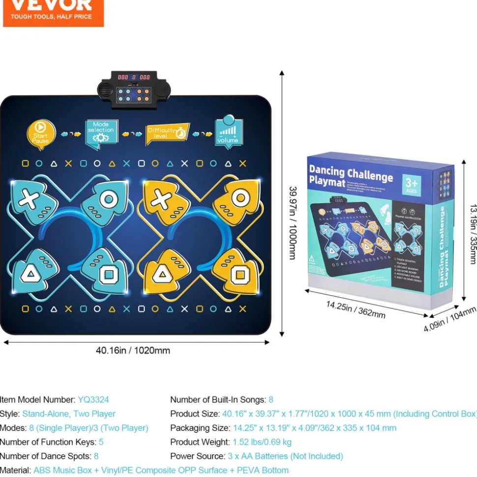 VEVOR Dance Mat, 8-Button Dance Mixer Rhythm Step Play Mat, Electronic Dance Pad with Single/Two Player Modes, Adjustable Volume, Built-in Music, 8 Challenge Levels, Toys Gifts for 3+ Year Old Girls