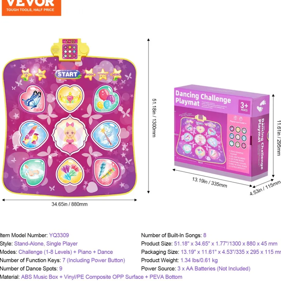 VEVOR Dance Mat, 9-Button Dance Mixer Rhythm Step Play Mat, Electronic Dance Pad with 3 Game Modes, Adjustable Volume, Built-in Music, 8 Challenge Levels, Birthday Toys Gifts for 3+ Year Old Girls