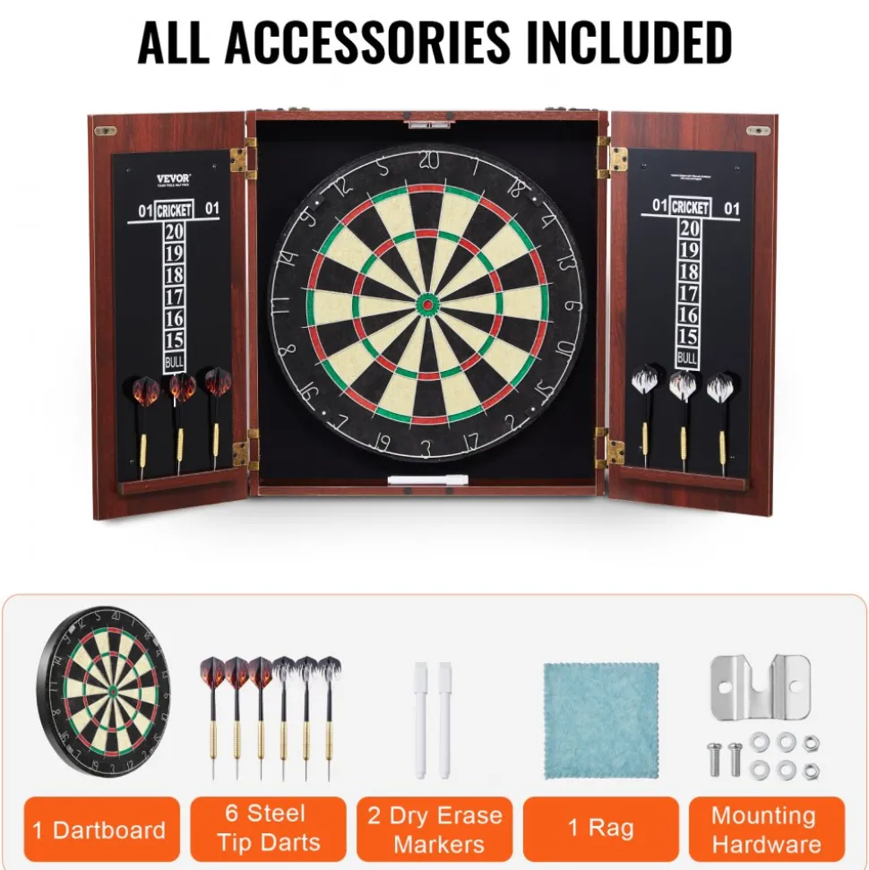 VEVOR Dartboard and Cabinet Set, Ready-to-Play Bundle Official Size Dartboard Cabinet, Steel Tip Dart Hideaway Cabinet, Features Easy Assembly, Complete with All Accessories, Perfect for Cricket Games