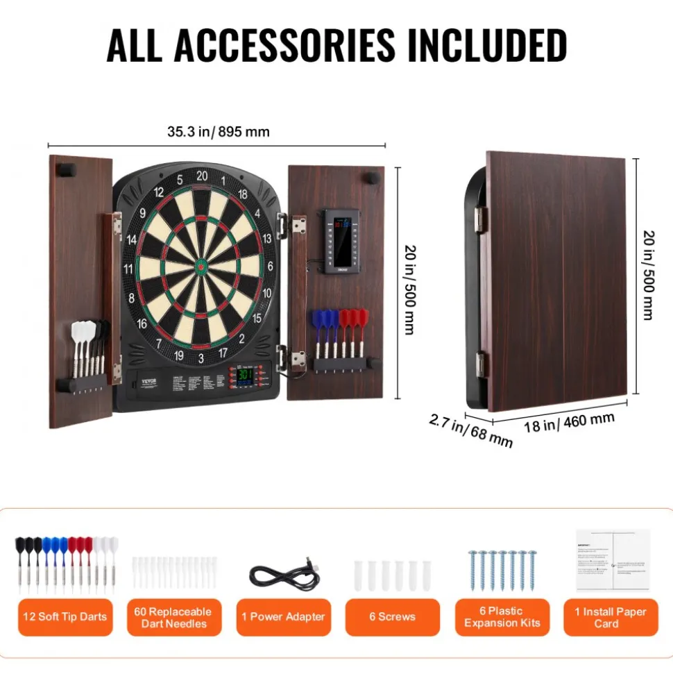 VEVOR Dartboard and Cabinet Set, Ready-to-Play Bundle Dartboard Cabinet Set, Hideaway Cabinet Features Electronic Scoring, Easy Assembly, Complete with All Accessories, Perfect for Cricket Games